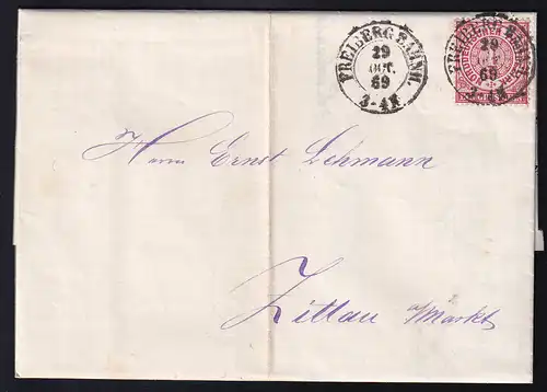 Ziffer 1 Gr. auf Brief mit K2 FREIBERG BAHNH. 29 OCR 69 nach Zittau