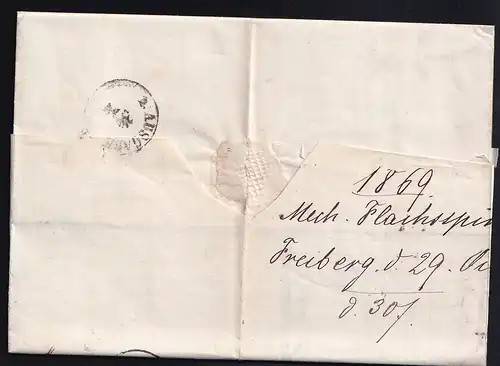 Ziffer 1 Gr. auf Brief mit K2 FREIBERG BAHNH. 29 OCR 69 nach Zittau