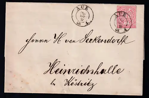 Ziffer 1 Gr. auf Brief mit K2 AUE 20.III.68 nach Köstritz