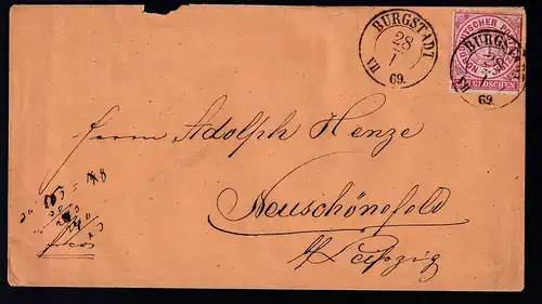 Ziffer 1 Gr. auf Brief mit K2 BORGSTÄDT28.I.69 nach Neuschönefeld bei Leipzig,