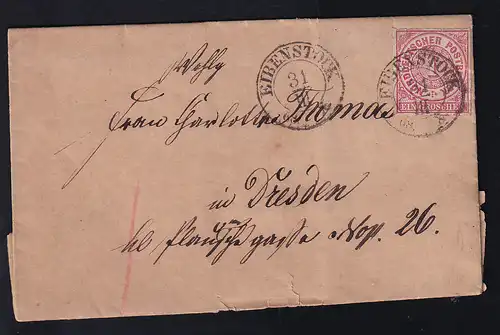 Ziffer 1 Gr. auf Brief mit K2 EIBENSTOCK 31.III.68 nach Dresden