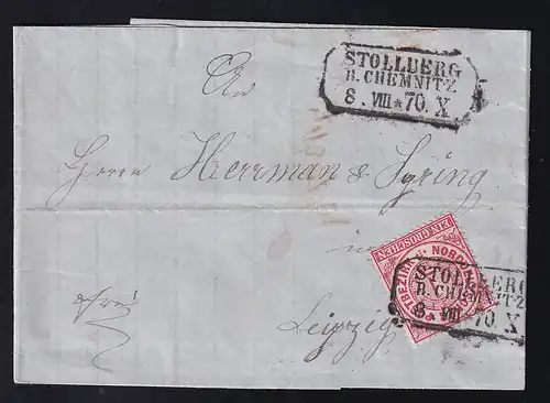 Ziffer 1 Gr. auf Brief mit R3 STOLLBERG B. CHEMNITZ 8.VIII.70 nach Leipzig