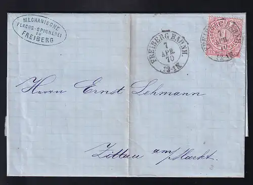 Ziffer 1 Gr. auf Firmenbrief (Mechanische Flachs-Spinnerei zu Freiberg) mit K2 