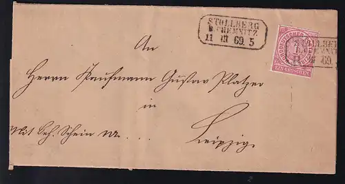 Ziffer 1 Gr. auf Brief mit R3 STOLLBERG B. CHEMNITZ 11.III.69 nach Leipzig, 