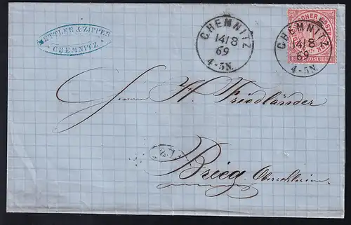 Ziffer 1 Gr. auf Briefhülle mit K1 CHEMNITZ 14.8.69 nach Brieg