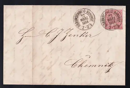 Ziffer 1 Gr. auf Brief mit K2 BRAUNSCHWEIG BAHNHOF 22 MÄRZ 1868 nach Chemnitz