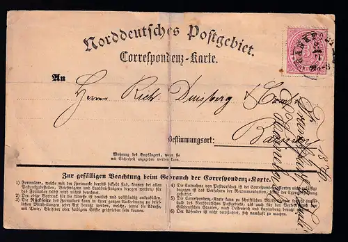 Ziffer 3 Kr. auf Correspondenz-Karte mit K1 ? 1.8. nach Barmen,