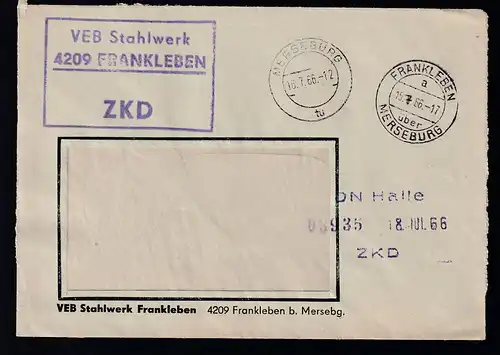 R3 VEB Stahlwerk 4209 FRANKLEBEN ZKD auf Fensterbrief