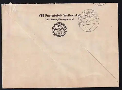 R3 VEB Papierfabrik Wolfswinkel 1301 FINOW ZKD auf Fensterbrief