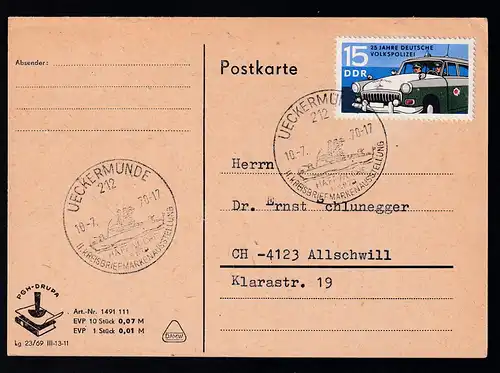 UECKERMÜNDE 212 HAFFWOCHE II. KREISBRIEFMARKENAUSSTELLUNG 10.7.70 auf Postkarte