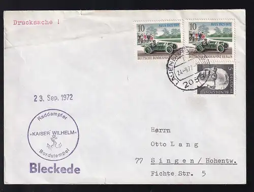 OSt. Lauenburg (Elbe) 24.9.72 + Cachet Raddampfer Kaiser Wilhelm auf Brief