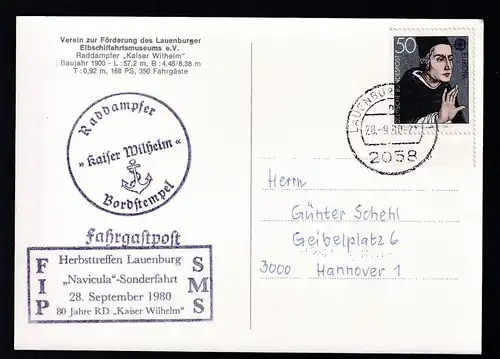OSt. Lauenburg (Elbe) 28.9.80 + Cachets Raddampfer Kaiser Wilhelm auf AK