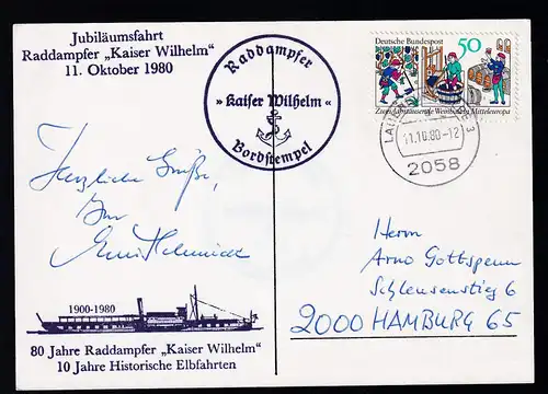 OSt. Lauenburg (Elbe) 11.10.80 + Cachets Raddampfer Kaiser Wilhelm auf Postkarte