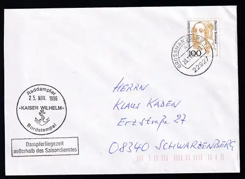 OSt. Grosshansdorf 26.11.96+ Cachets Raddampfer Kaiser Wilhelm auf Brief