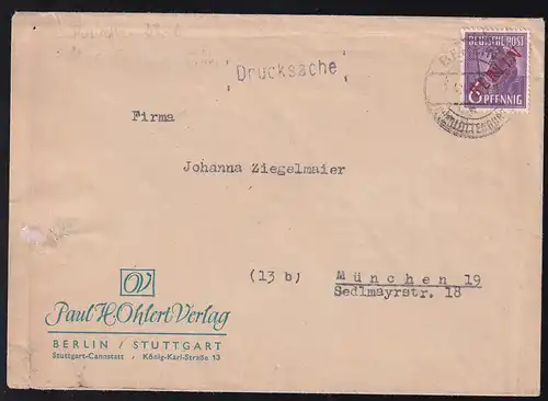 Rotaufdruck 6 Pfg. auf Drucksache ab Berlin-Charlottenburg nach München