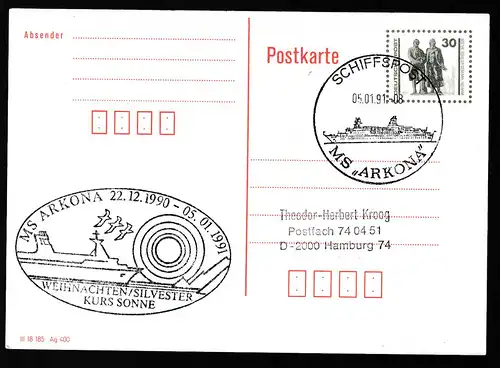 SCHIFFSPOST MS "ARKONA" 05.01.91 + Cachet Weihnachten/Silvester Kurs Sonne 