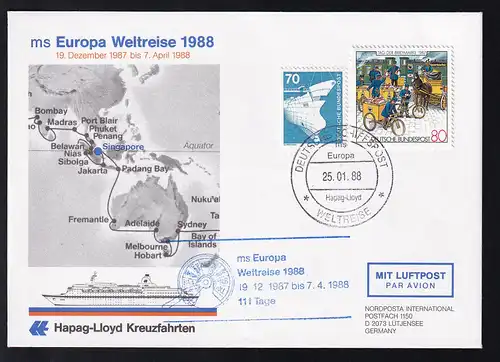 DEUTSCHE SCHIFFSPOST ms Europa Hapag-Lloyd WELTREISE 25.01.88 + Cachet 