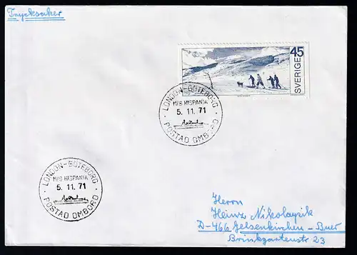 LONDON-GÜTEBORG M/S HISPANIA POSTAD OMBORD 5.11.71 auf Brief