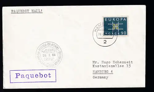 Paquebot Hamburg 31.7.64 + POSTED ON BOARD CRUISE MS GRIPSHOLM SWEDISH 