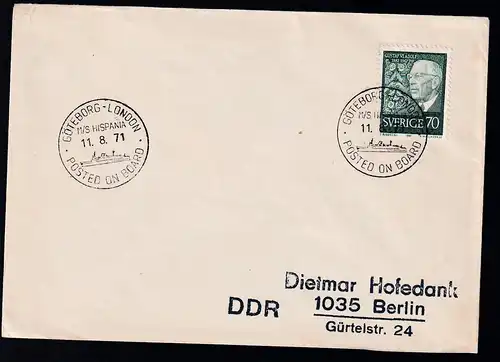 GÜTEBORG-LONDON M/S HISPANIA POSTAD OMBORD 11.8.71 auf Brief