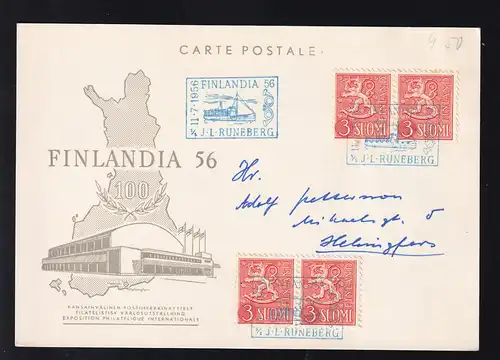 FINLANDIA 56 J.L. RUNEBERG 11.7.1956 auf Sonderpostkarte