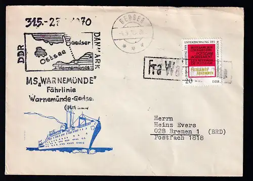 R1 Fra Warnemünde + Ost. Gedser 04.9.70 + Cachets MS Warnemünde auf Brief