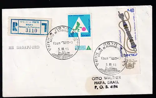 MS SAGAFJORD (mit Schreibmaschine) auf R-Brief ab Haifa 5.10.65,