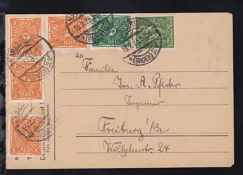 Arbeiter 100 Pfg., Posthorn 4 M. und 5 M. (4x) auf Postkarte ab Karlsruhe 