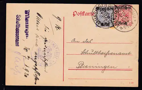 Ziffer 10 Pfg. mit Aufdruck "Deutsches Reich" mit Zusatzfrankatur 