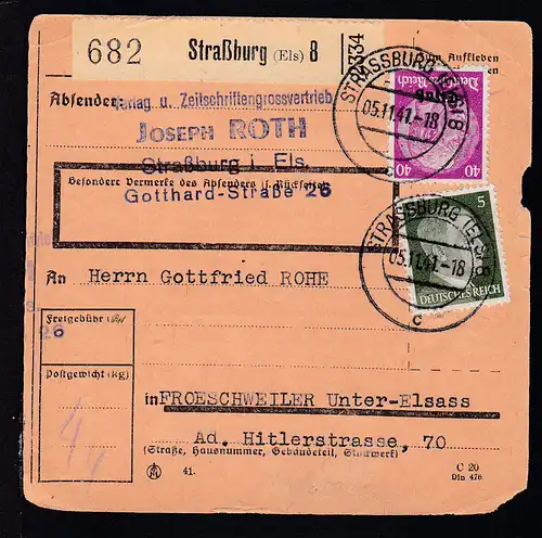 Hindenburg 40 Pfg. mit Aufdruck "Elsaß" + Hitler 5 Pfg. auf Paketkarte 
