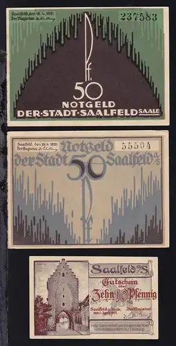 Saalfeld 1921 3 verschiedene Notgeldscheine 1x 10 Pfg. und 2x 50 Pfg. 