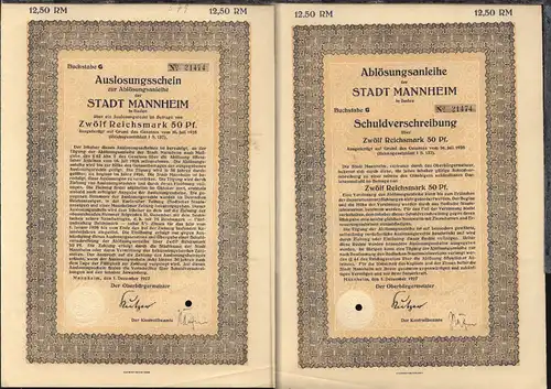 1927 Stadt Mannheim Ablösungsanleihe über 12,50 RM mit anhängendem 