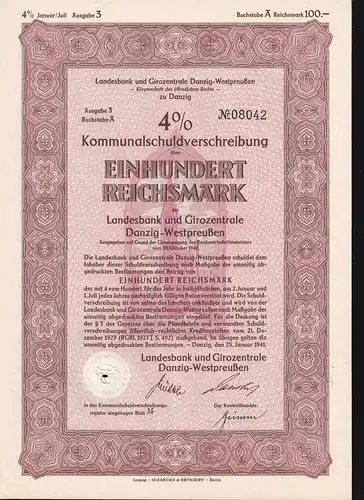 1941 Landesbank und Girozentrale Danzig-Westpreußen 5 Kommunalschuldverschreibungen (über 100, 200, 500, 1000, 5000 RM)