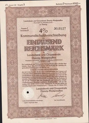 1941 Landesbank und Girozentrale Danzig-Westpreußen 5 Kommunalschuldverschreibungen (über 100, 200, 500, 1000, 5000 RM)