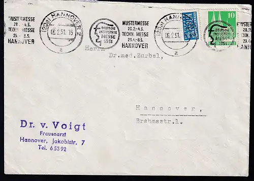 Bauten 10 Pfg. auf Brief ab Hannover 06.2.51 nach Hannover