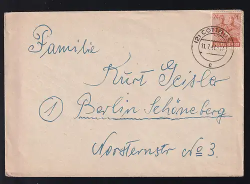 Arbeiter 24 Pfg. auf Brief ab Cottbus 11.7.47 nach berlin-Schöneberg