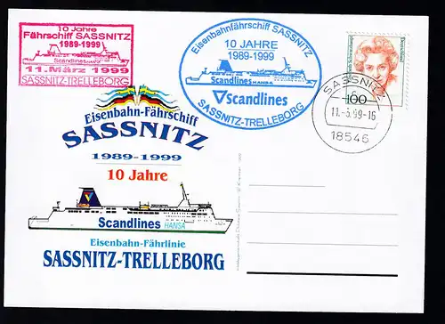 OSt. Sassnitz 11.3.99 + Cachets 10 Jahre Eisenbahnfähre Sassnitz