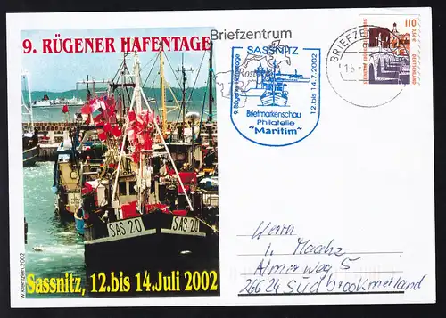 9. Rügener Hafentage 2002 Sonderpostkarte mit Cachet und Tagesstempel