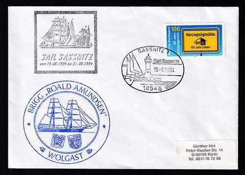 SASSNITZ 1 18546 Sail Sassnitz 19.8.1994 + Cachet Brigg Roald Amundsen auf Brief