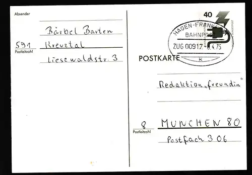 HAGEN-FRANKFURT BAHNPOST k ZUG 00917 8.4.75 auf Ganzsache