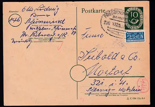 FRIEDRICHSHAFEN-ULM BAHNPOST b ZUG 1325 23.10.52 auf Ganzsache