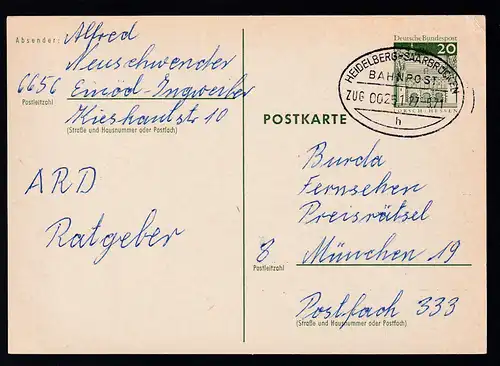 HEIDELBERG-SAARBRÜCKEN BAHNPOST h ZUG 00251 27.5.71 auf Ganzsache