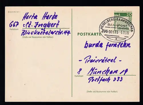 HEIDELBERG-SAARBRÜCKEN BAHNPOST a ZUG 00135 3.11.70 auf Ganzsache