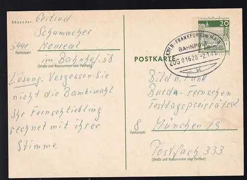 KÖLN-FRANKFURT am MAIN BAHNPOST bl ZUG 01620 2.1.71 auf Ganzsache