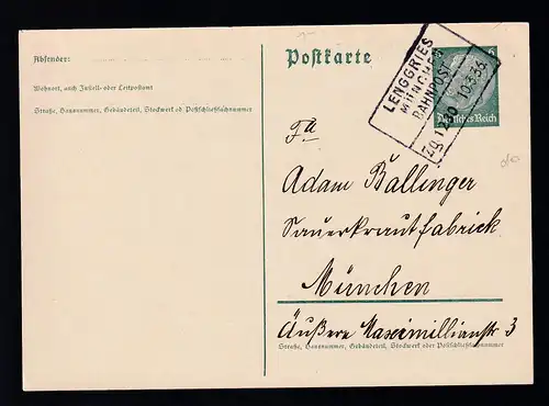 LENGGRIED MÜNCHEN BAHNPOST  Zg. 1230 10.3.36 auf Ganzsache