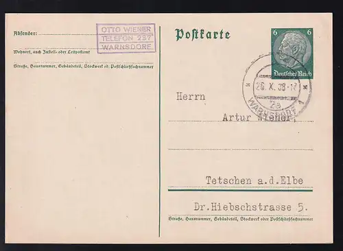 Hindenburg 6 Pfg. ab Warnsdorf 26.X.38 nach Tetschen a.d. Elbe