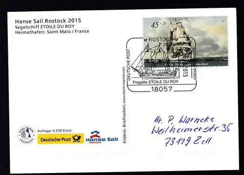 ROSTOCK 18057 DEUTSCHE POST ERLEBNIS BRIEFMARKEN 25. Hanse Sail 6.-9.8.2015 
