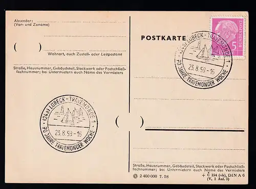 (24a) LÜBECK-TRAVEMÜNDE 70 JAHRE TRAVEMÜNDER WOCHE 23.8.59 auf Postkarte 