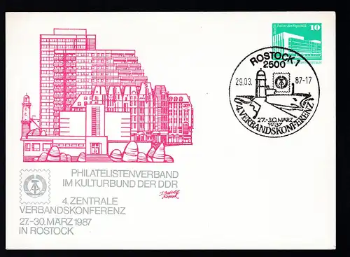 Philatelistenverband der DDR 4.Verbandskonferenz Rostock 1987 mit Sonderstempel 