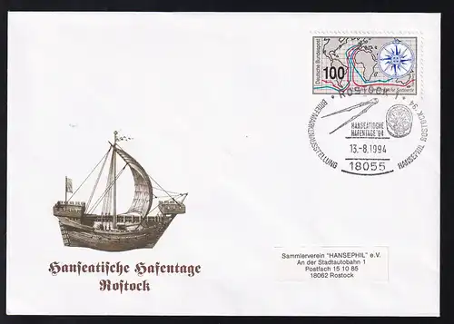 ROSTOCK 1 18055 HANSEATISCHE HAFENTAGE '94 BRIEFMARKENAUSSTELLUNG HANSEPHIL